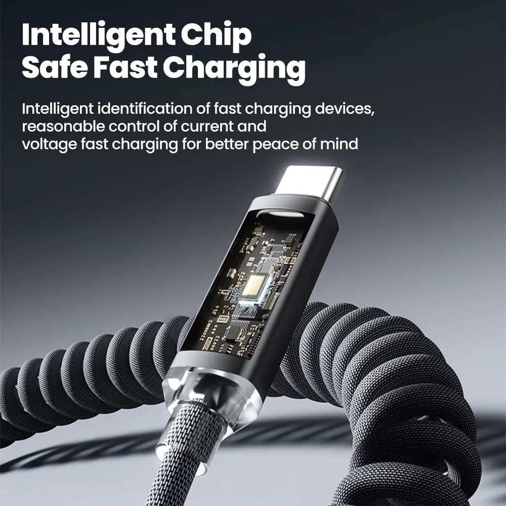 120W Retractable USB-C Fast Charge Cable | Spring Coil, 1M & 2M