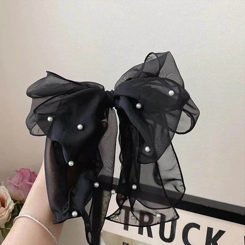Pearl Bow Hair Clip – Elegant Chiffon Ribbon Barrette for Women