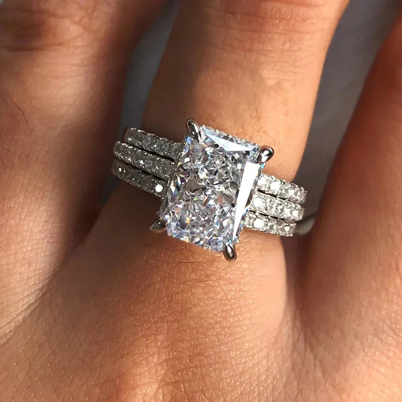 Huitan 3-Piece CZ Bridal Ring Set – Rectangular Wedding Rings