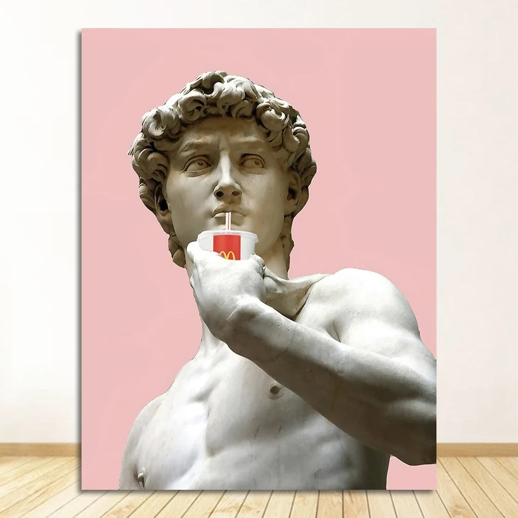 Vaporwave David Statue Canvas Wall Art | Modern Unframed Poster