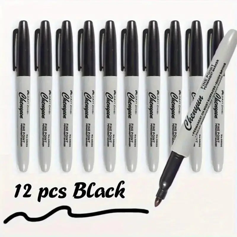 Black Permanent Marker Pens – Fine Tip, Waterproof, Quick Dry