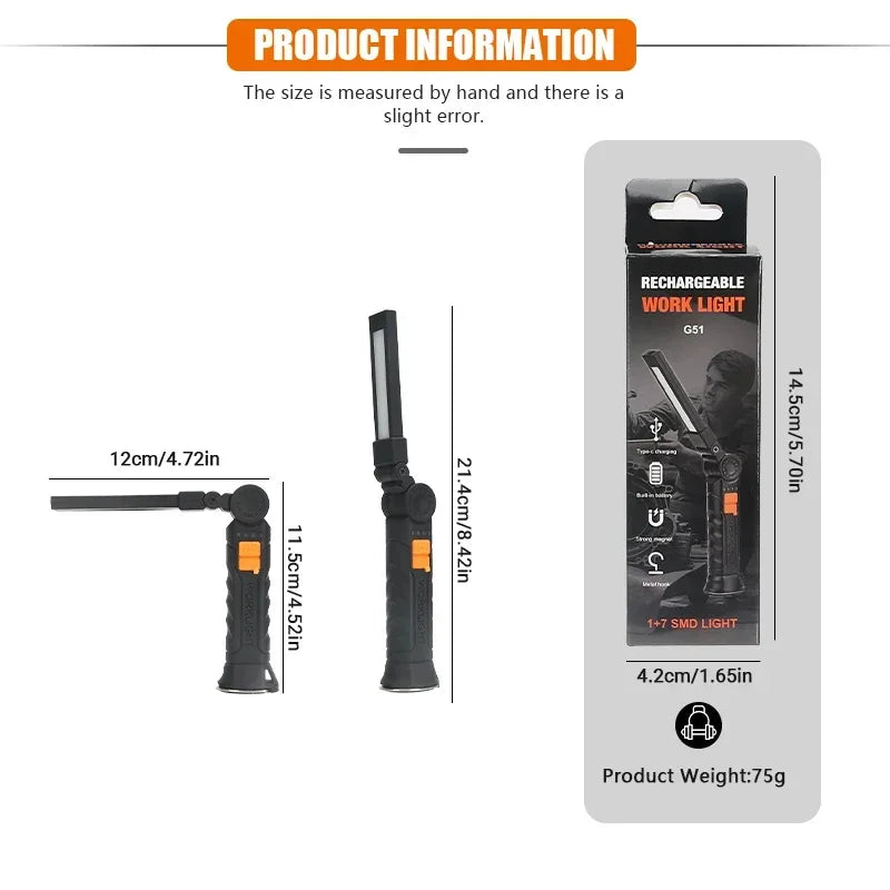 COB LED Work Light Flashlight – USB Rechargeable Magnetic Torch