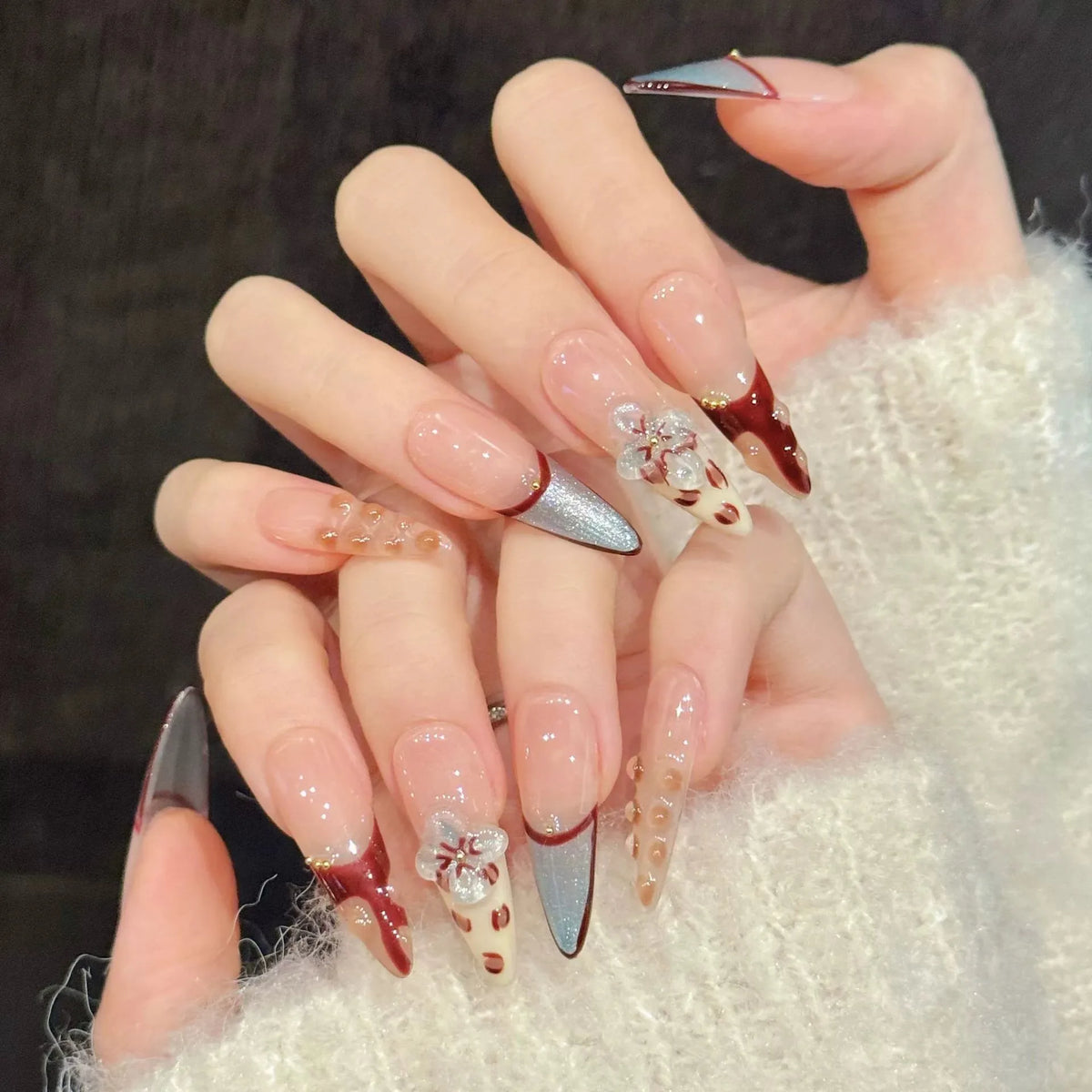 Handmade Press On Nails – 3D Flowers Cat's Eye Long False Tips