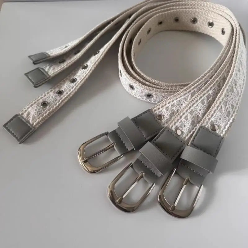 Vintage Lace Canvas Belt for Women – Metal Buckle 110cm