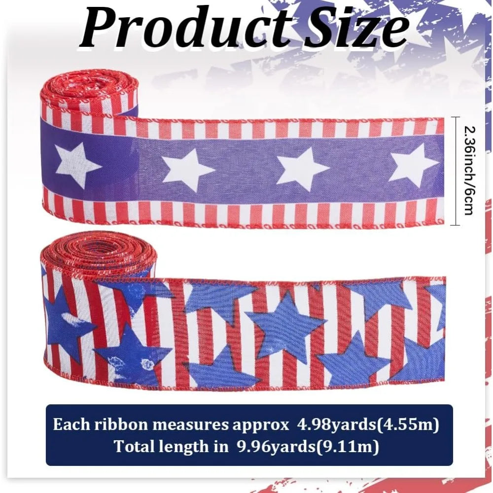 Patriotic Star Ribbon 2 Rolls – Red White Blue Polyester 60mm