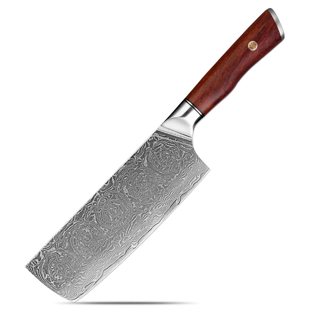 Damascus Nakiri Knife 7" Rosewood Handle | Japanese Vegetable Knife