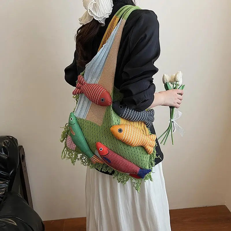 Tassel Knit Fish Tote Bag – Cute Casual Shoulder Handbag