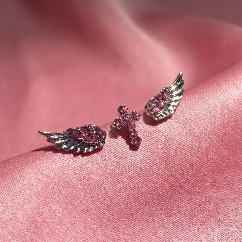 Vintage Punk Pink Zircon Wing Cross Earrings Set 3/4 Pcs