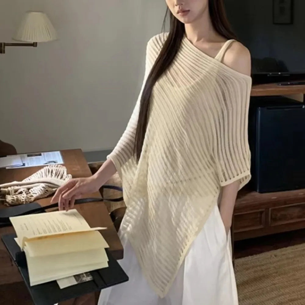 Bohemian Crochet Beach Cover Up – Striped Hollow Shawl Top