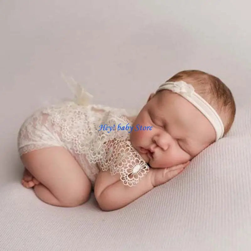 Newborn Photography Props – Crown Headband & Lace Romper 0-1M