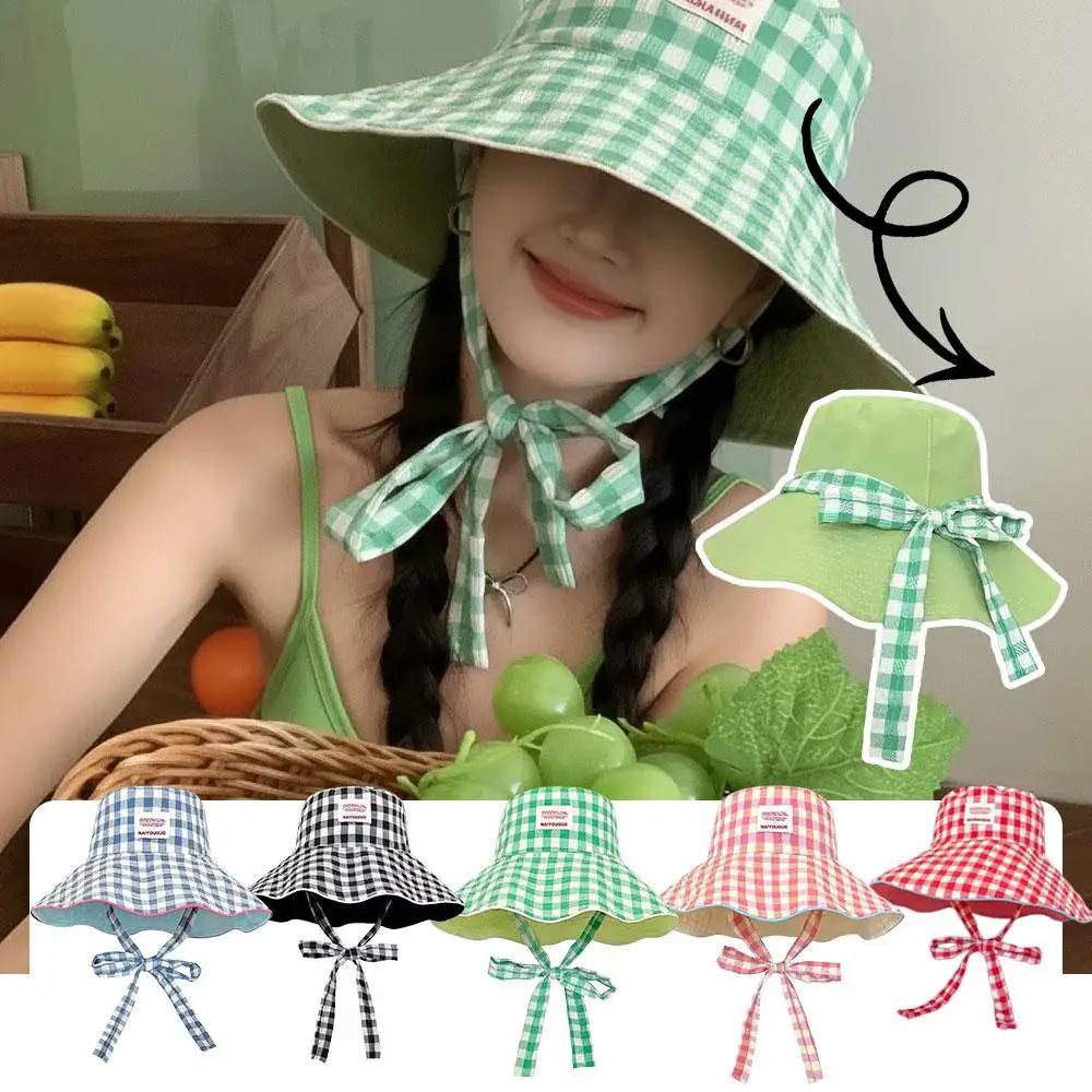Women Summer UV Protection Wide Brim Sun Hats Chin Strap Cute Pastel