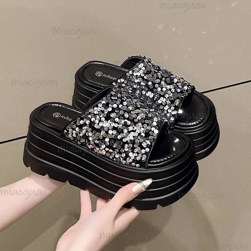Women's Platform Wedge Slides – Sequin Peep Toe Sandals 8cm