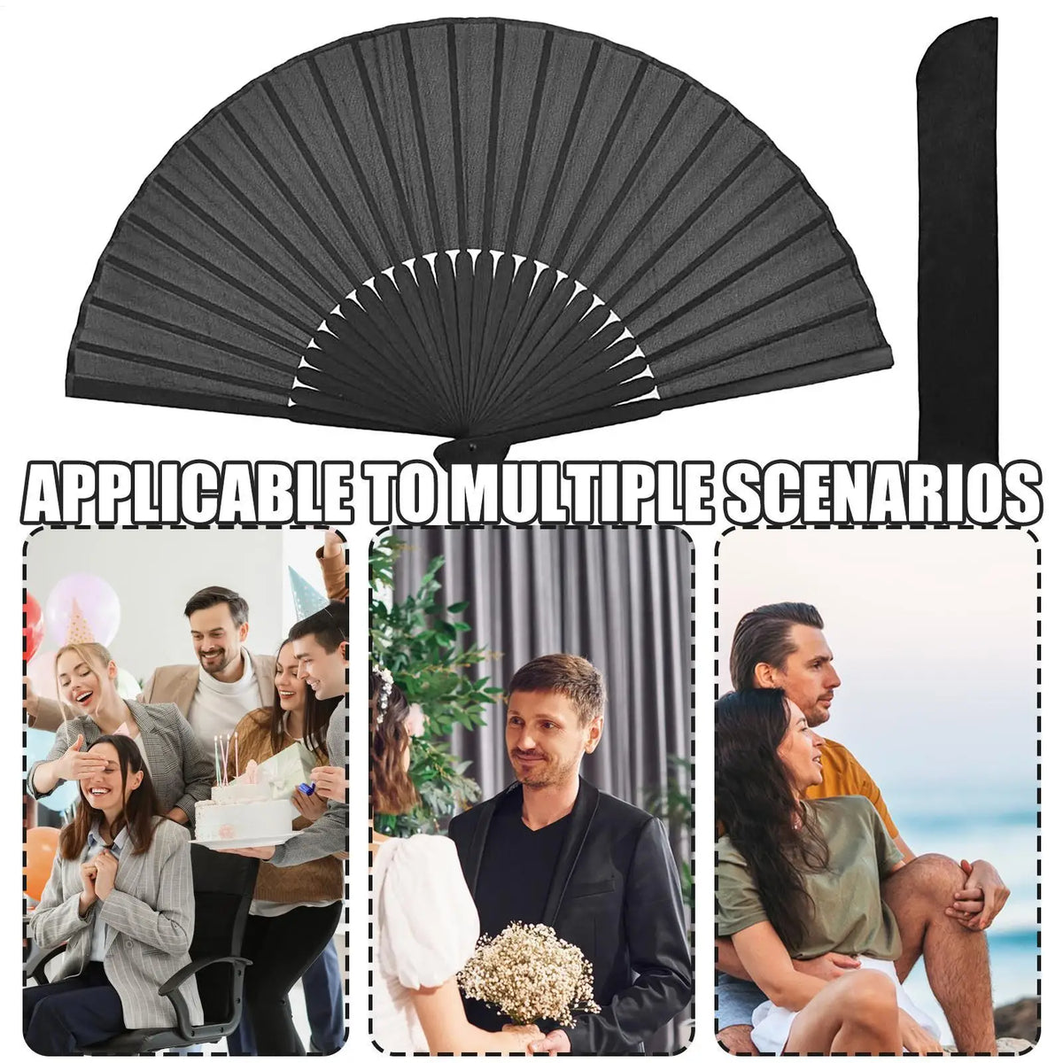 Folding Hand Fan Portable Black Silk Chinese Vintage Classic Cool