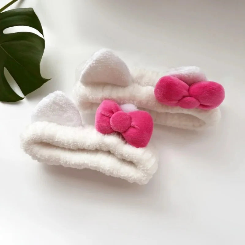 White Pink Plush Cat Ear Headband & Scrunchies Hair Set