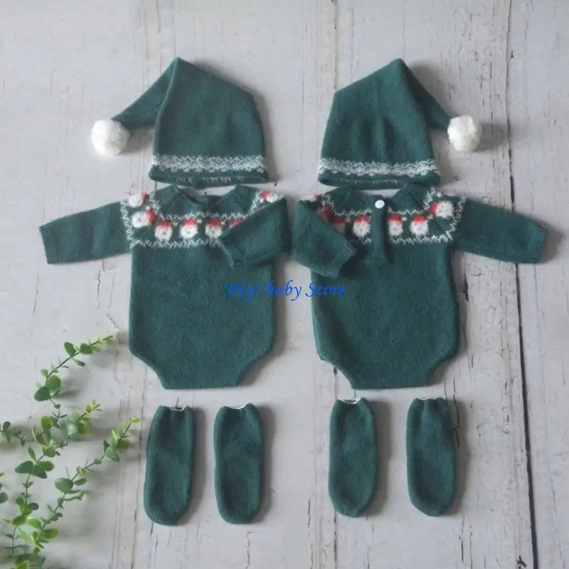 Newborn Knitted Romper Hat & Socks Set | Baby Photo Outfit