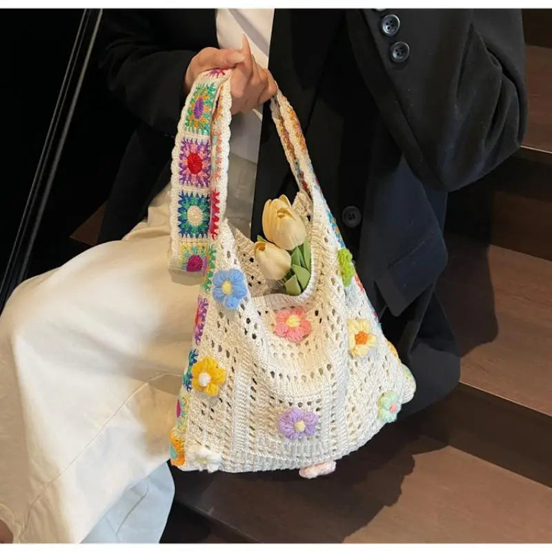 Large Boho Floral Crochet Tote Bag | Hollow Knit Handbag