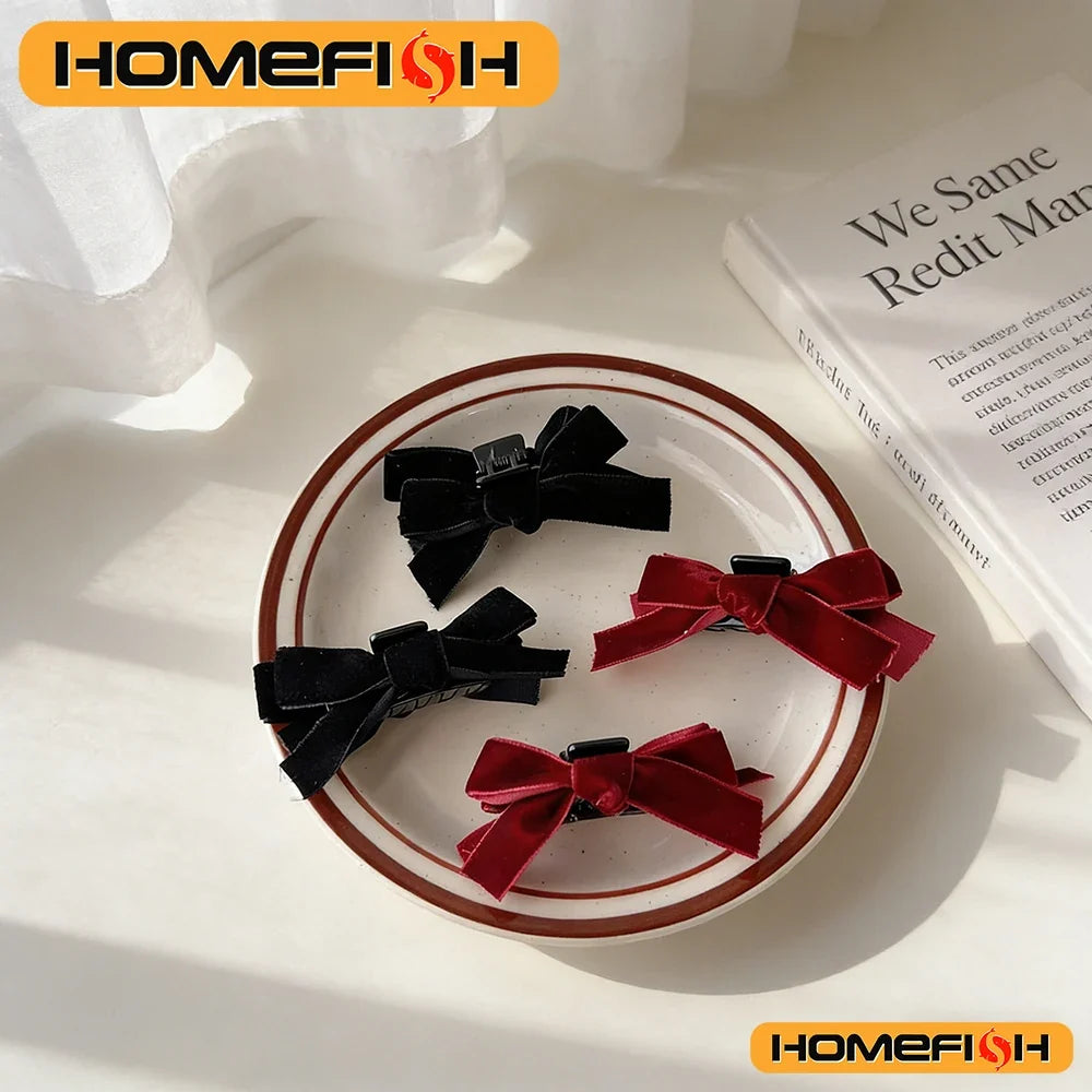 Black Bow Small Grab Clip Women's Autumn Winter Vintage Velvet Bangle