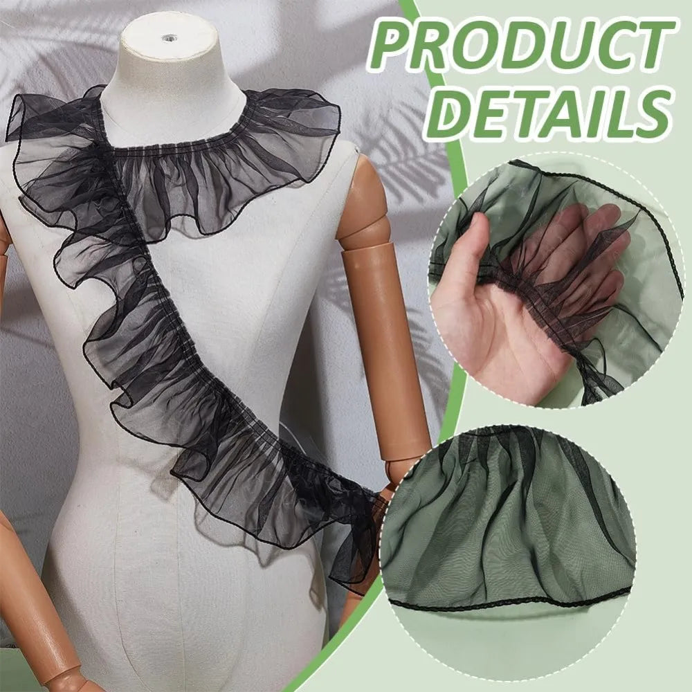 Black Organza Pleated Lace Ribbon Flower Trim 95mm – 8 Yards