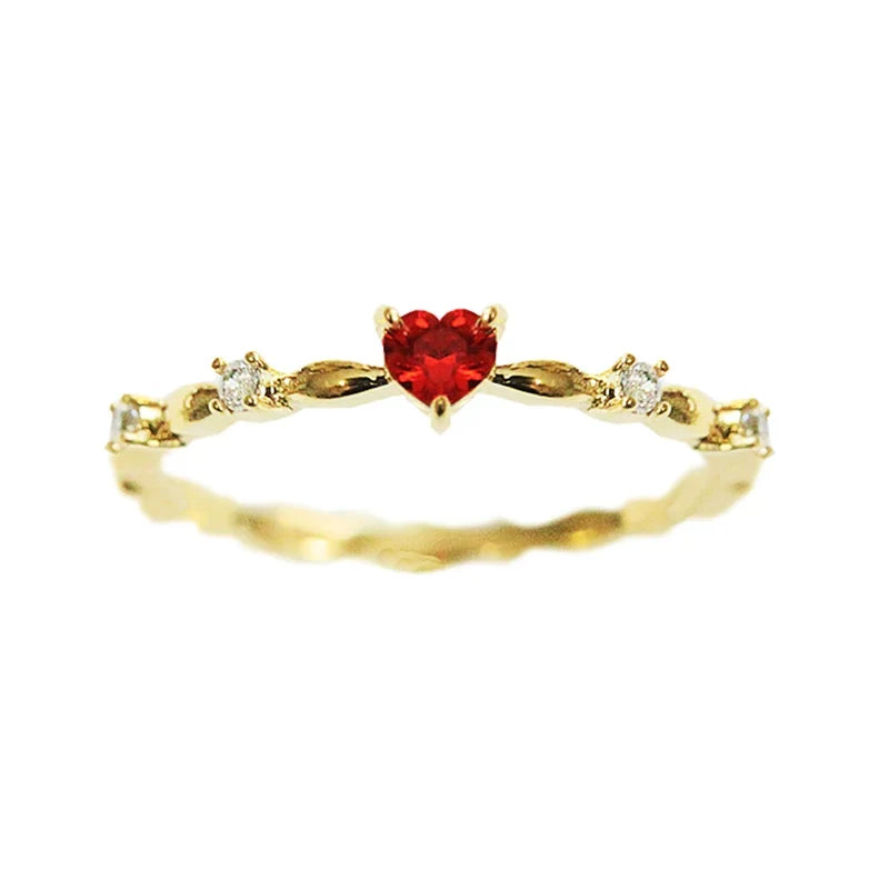 Huitan Red Heart CZ Ring – Gold Wedding Band for Women