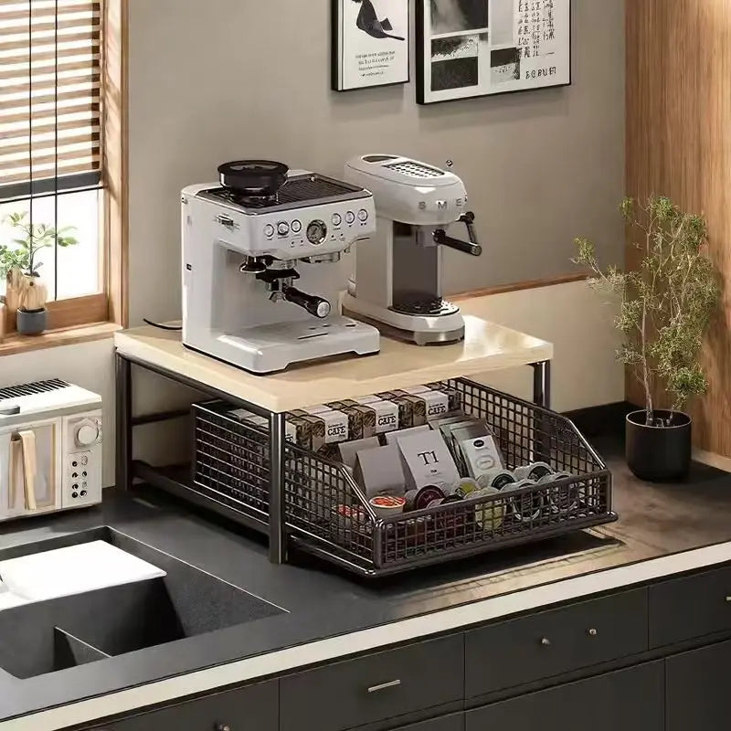 Metal & Wood Microwave Rack with Pull-Out Drawer | Kitchen Organizer