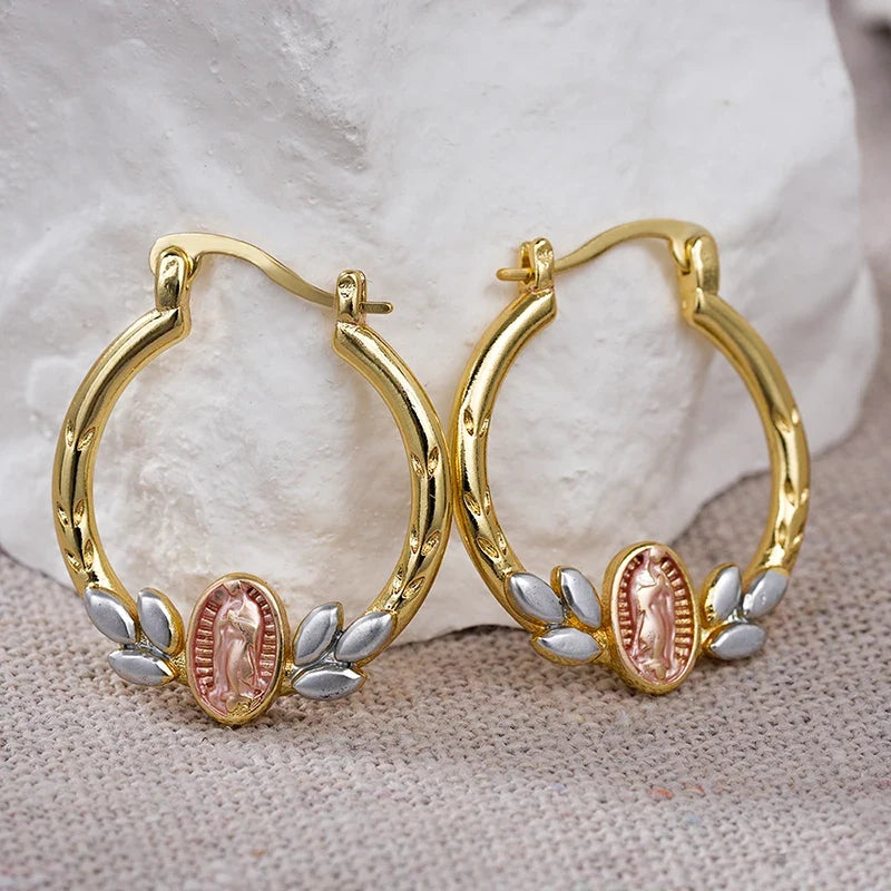 Huitan Virgin Mary Gold Hoop Earrings – Enamel Leaf Circle