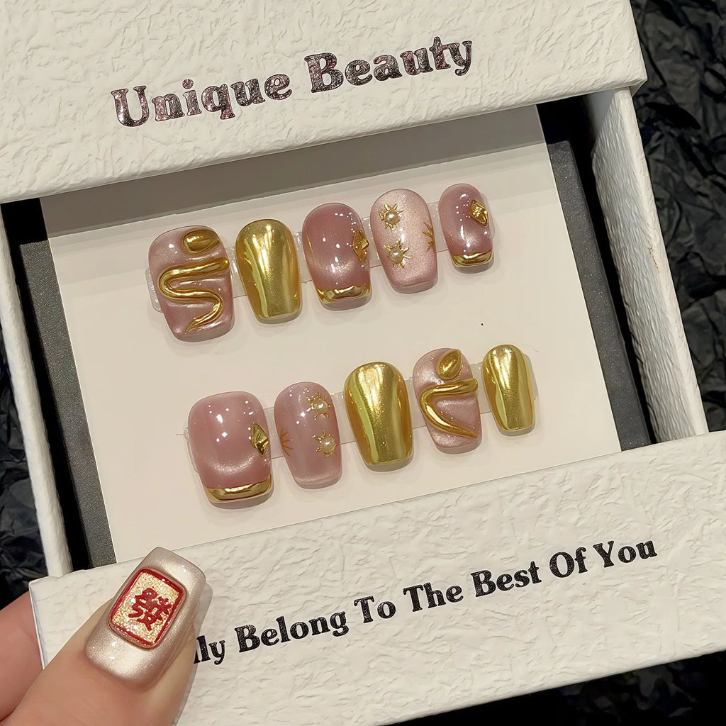 3D Gold Snake Press-On Nails | Cat Eye Short False Nail Tips