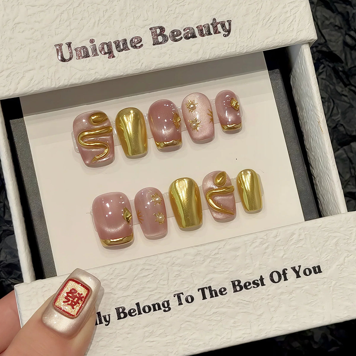 3D Gold Snake Press-On Nails | Cat Eye Short False Nail Tips