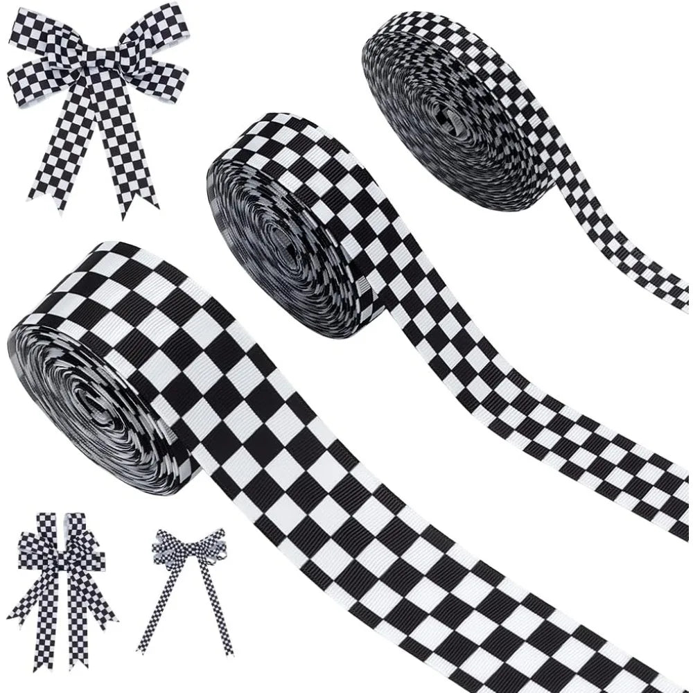Black Tartan Polyester Ribbon Set – 3 Widths, 10 Yards Each