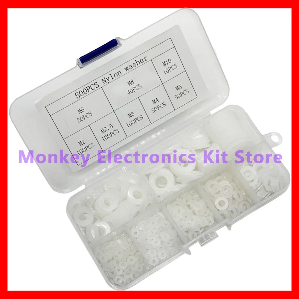500 PCS Nylon Flat Washer Kit – M2 to M10 Insulation Gaskets