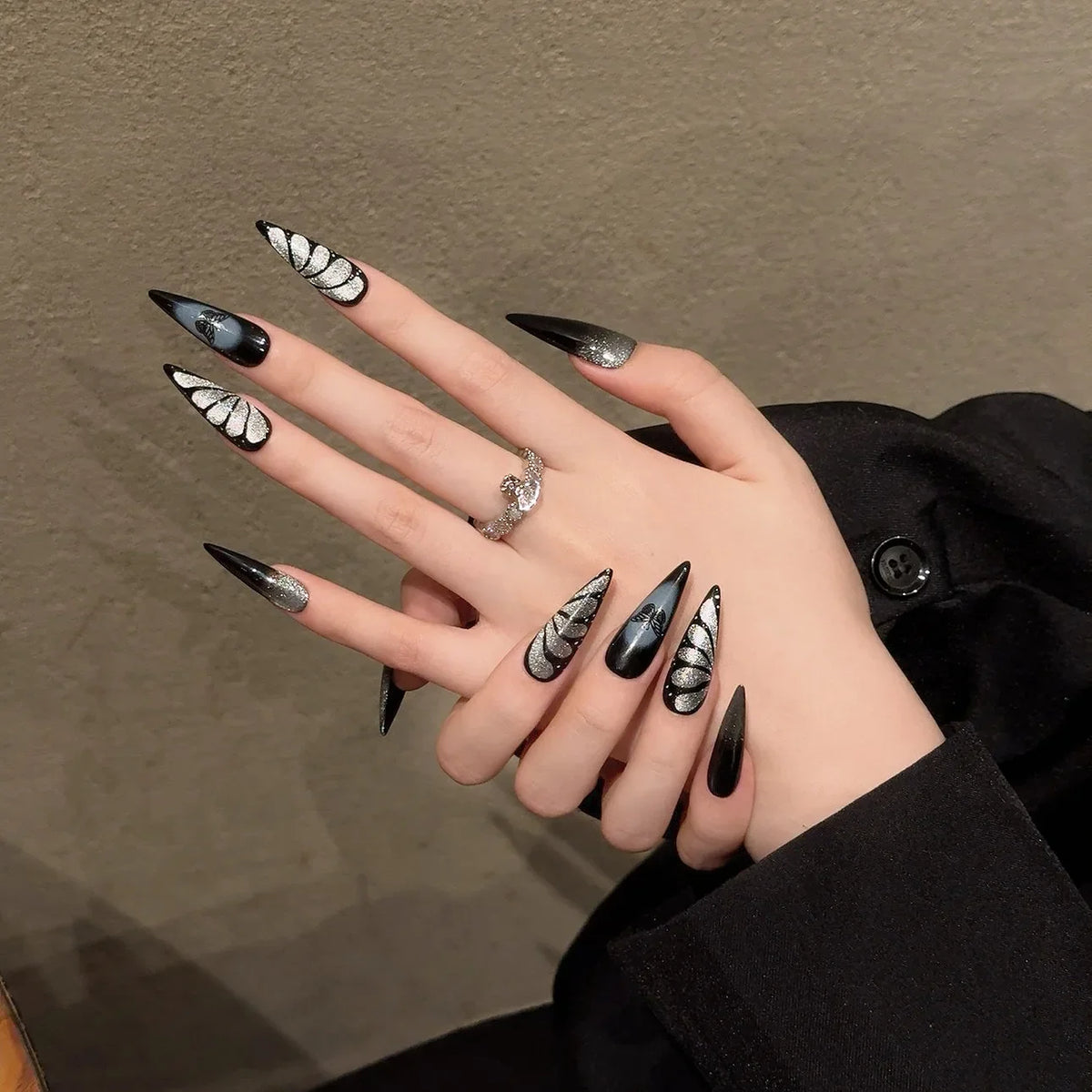 Y2K Press On Nails – Black Cat Eye Butterfly Long Coffin Tips