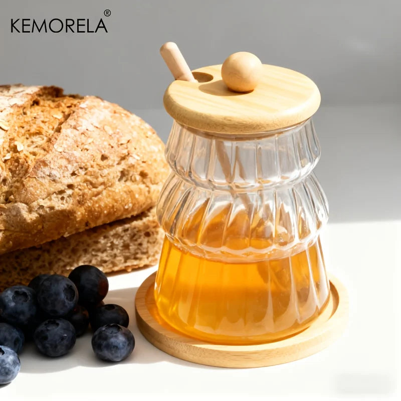 KEMORELA Glass Honey Jar Set with Wooden Stir Stick & Lid
