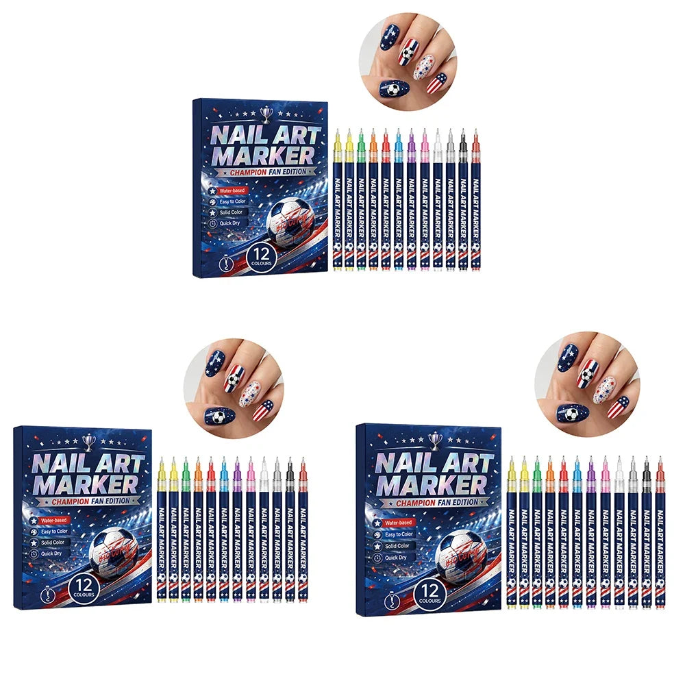 12-Piece Football Fan Nail Art Pens – Quick Dry DIY Liner Set