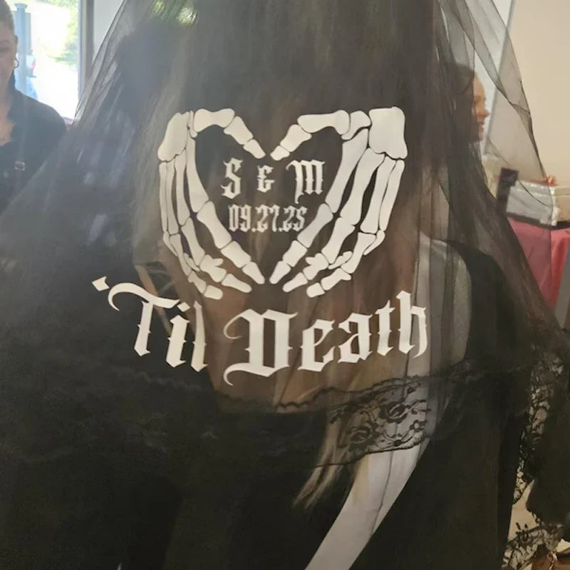 Personalized Gothic 'Til Death Skeleton Hand Black Veil | Wedding