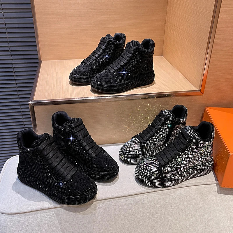 Women's Rhinestone Platform Sneakers – Shiny Lace-Up Casual Shoes