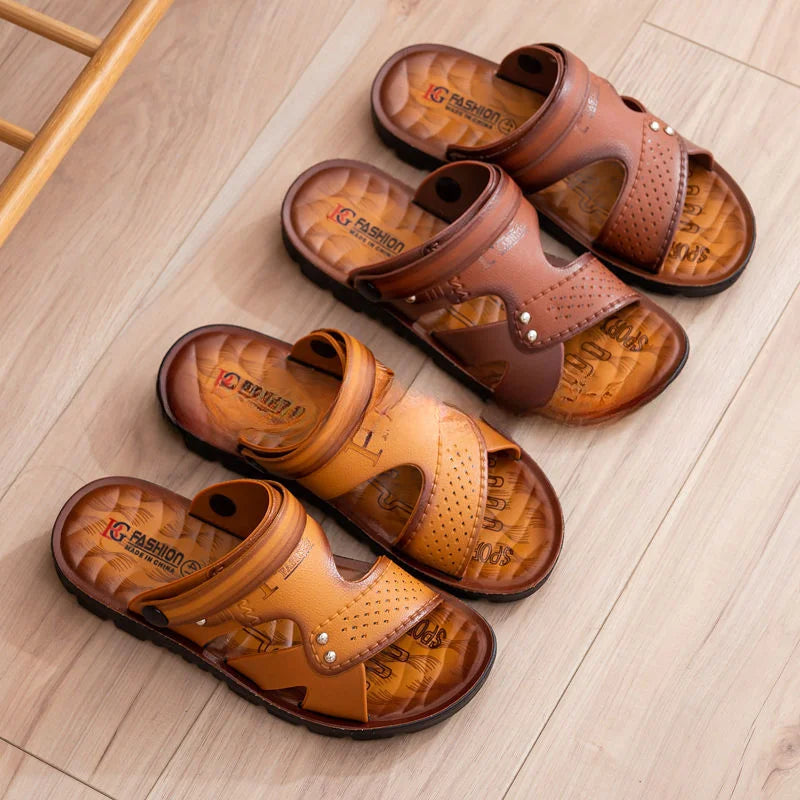 YBQJOO Men's Open Toe Leather Sandals – Anti-Slip Beach Shoes