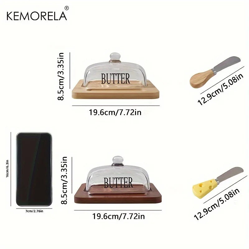 KEMORELA Wood Butter Dish with Glass Lid & Knife | Cheese Plate