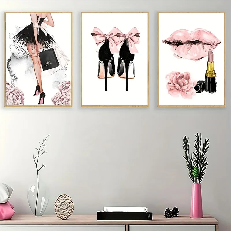 3-Piece Fashion Girl Canvas Wall Art Set | Frameless Living Room