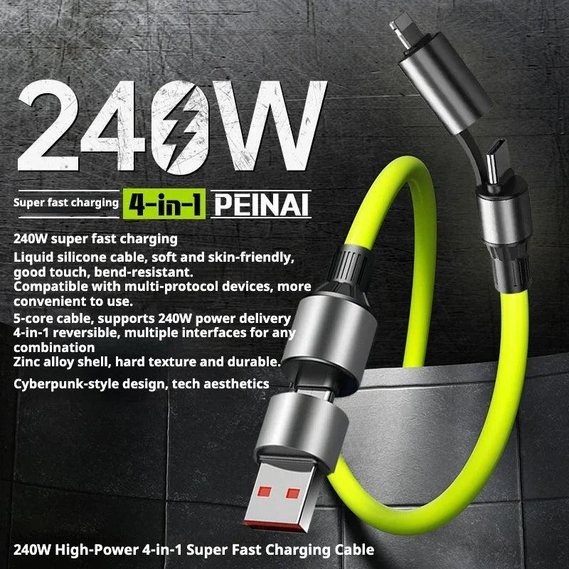 HKNA 240W Fast Charging Cable – 4-in-1 Dual Type-C, 1.2m