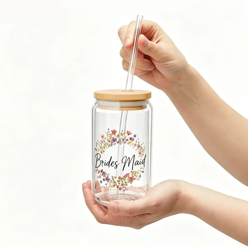 Bridesmaid Wildflower Glass Tumbler | Wooden Lid & Straw Gift