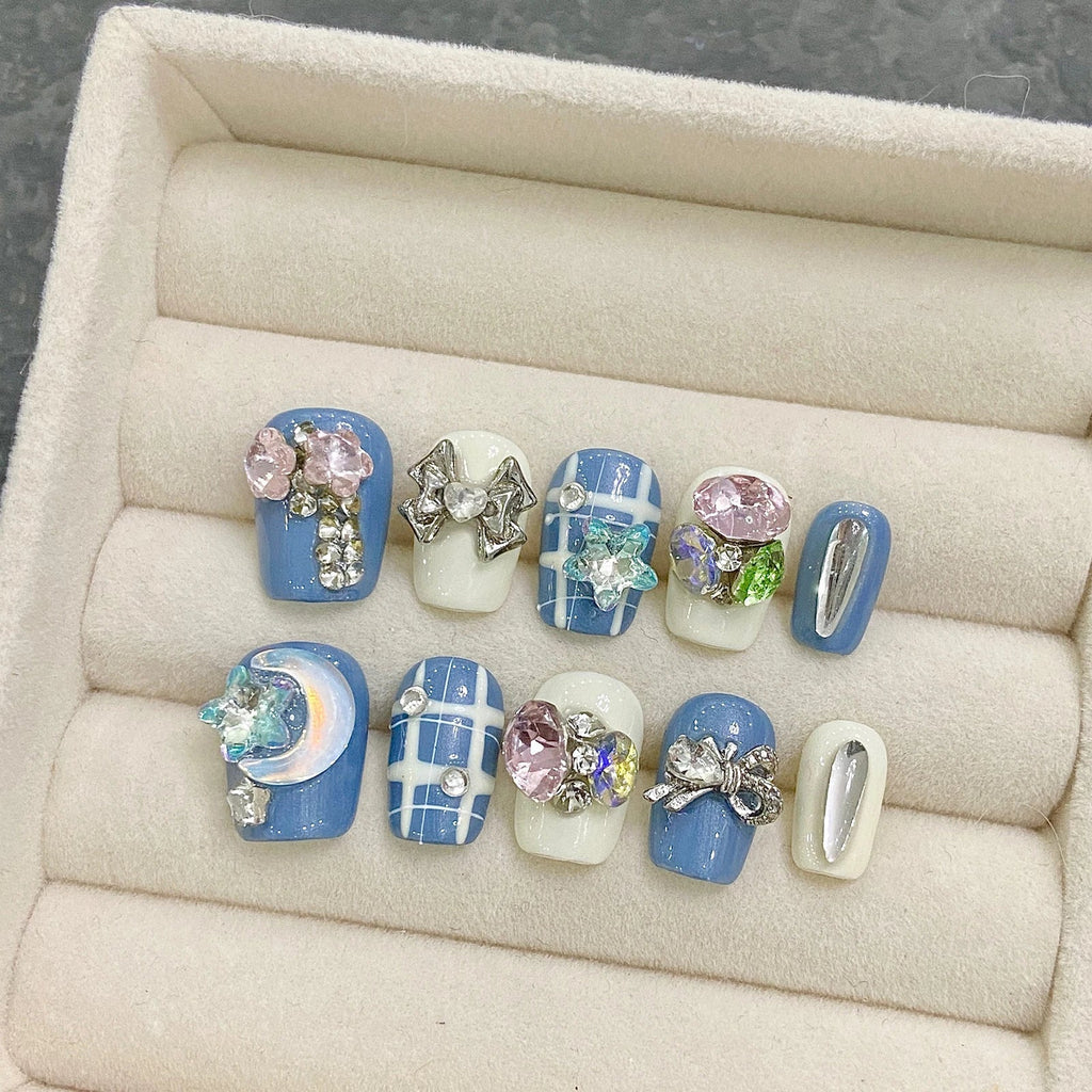 Handmade Press Nails Short Square Plaid Pattern False Wearable Shiny