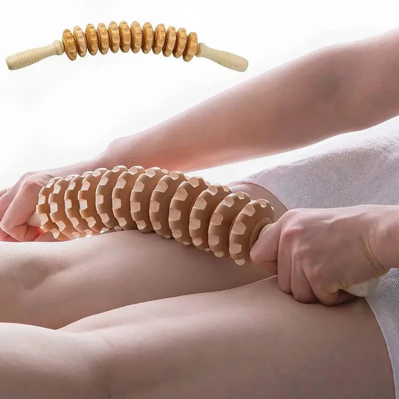 Body Fascia Massager Anti-slip Handle Wood Grooved Gear Arms Legs