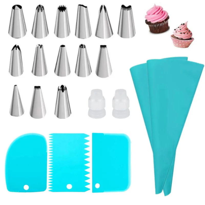 Cake Decorating Set – Silicone Piping Bags & Steel Nozzles