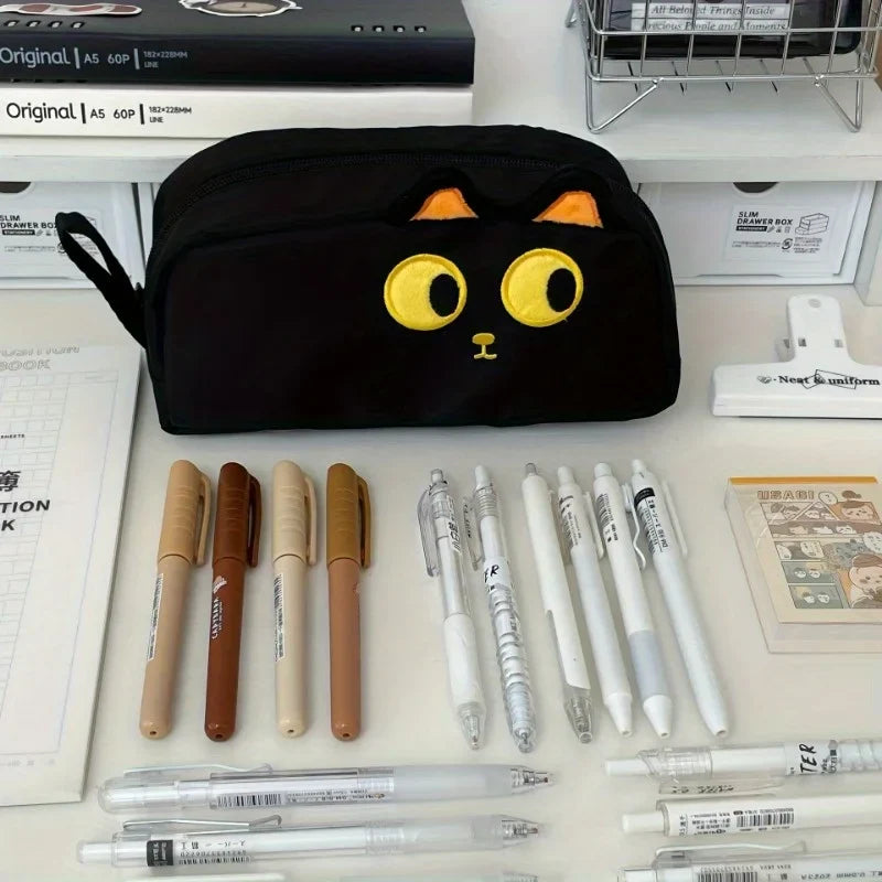 Cute 3D Black Cat Pencil Bag Large Capacity Polyester Pouch Paw