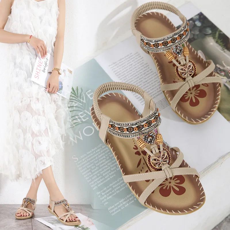 Women's Flower Rhinestone Flat Sandals | Open Toe Beach Shoes