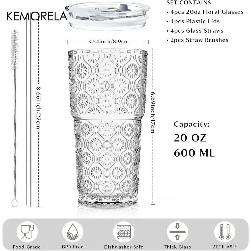 KEMORELA 600ml Begonia Glass Tumbler with Lid & Straw | 1-2 PCS