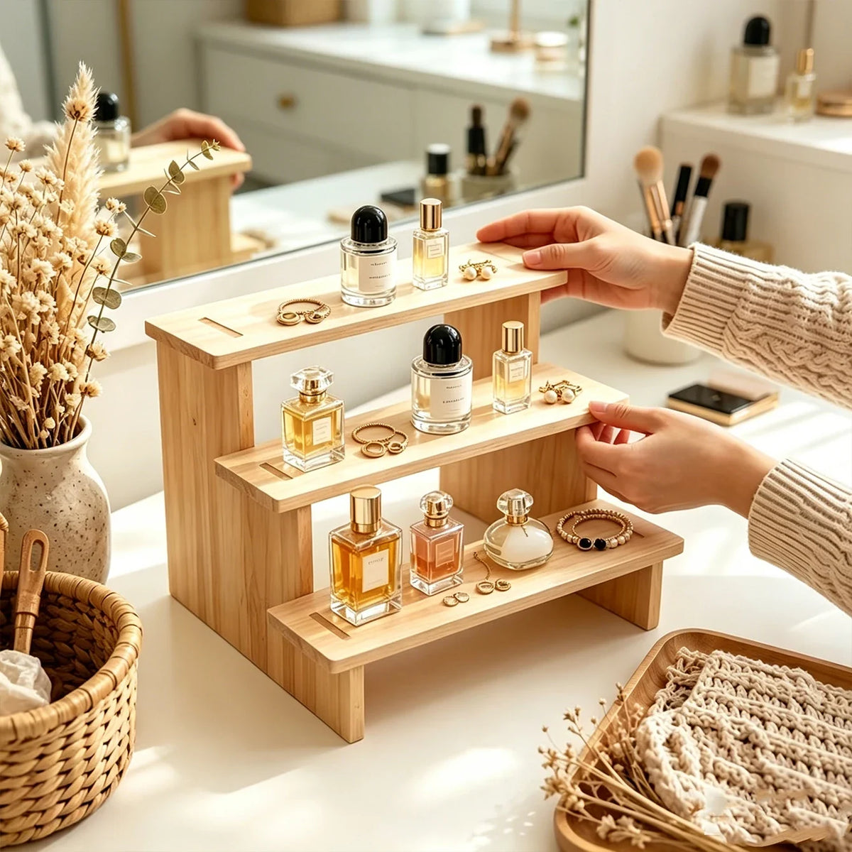 Multilayer Wooden Jewelry Storage Rack Earrings Necklace Display