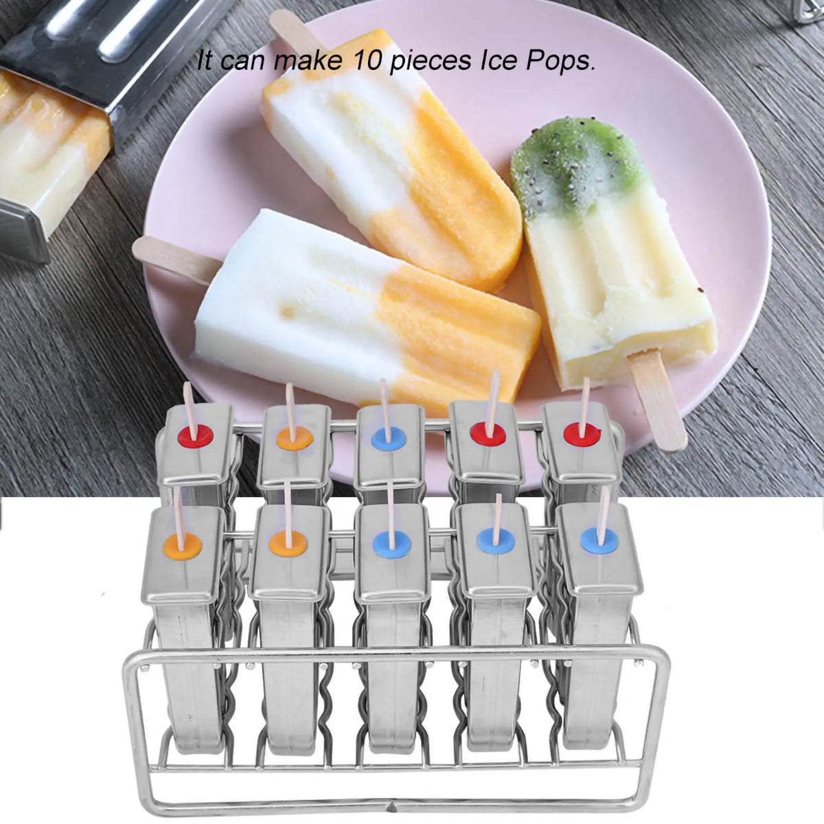 10 Molds Stainless Steel Ice Cream Mould Lolly Popsicle Stick Holder