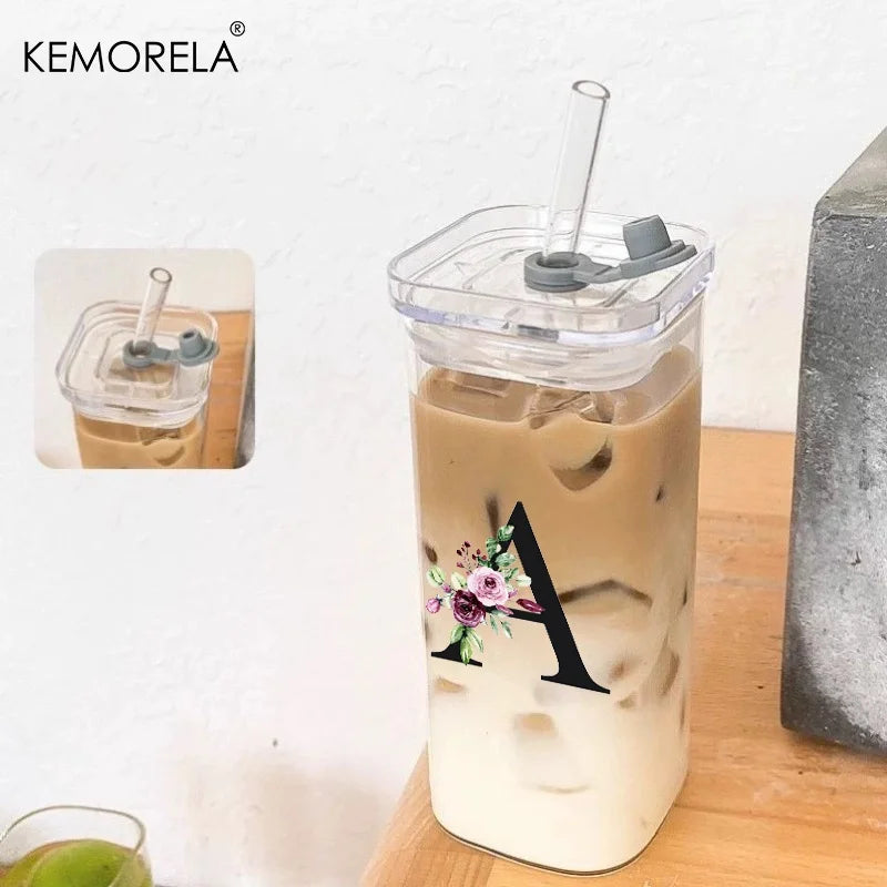 KEMORELA 300ml Letter-Shaped Glass Tumbler with Lid & Straw