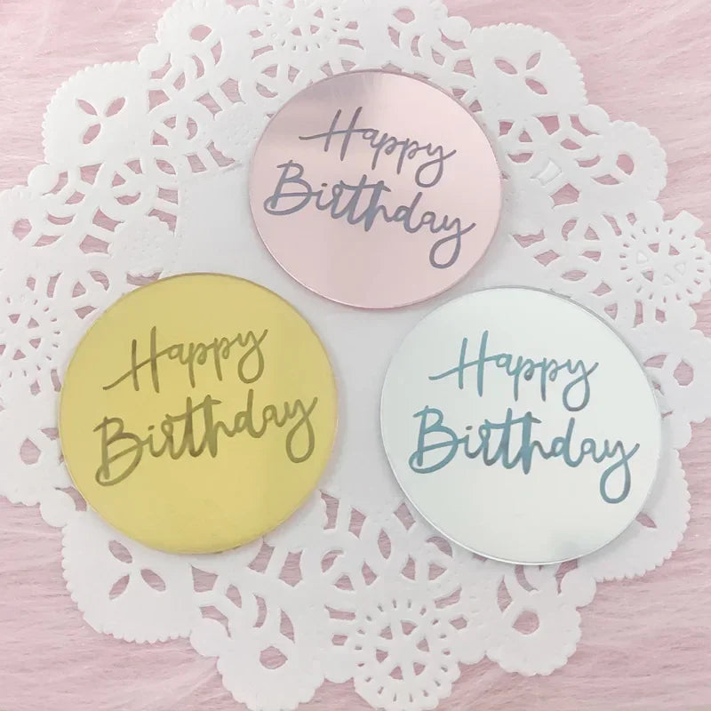 Happy Birthday Cupcake Toppers Gold Acrylic Circle Dessert Cake DIY
