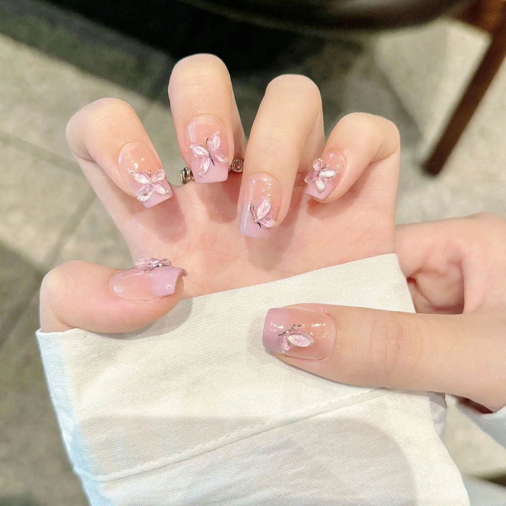 French Press-On Nails Cat Eye Pink Butterfly Short Fake Tips